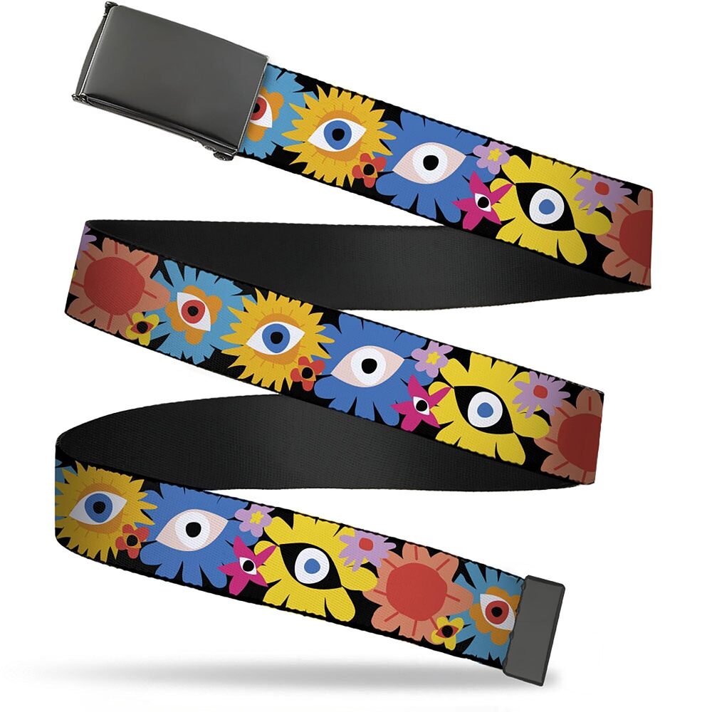 7454 Web Belt Blank Black Buckle - Funky Eye Flowers Black/Multi Color
